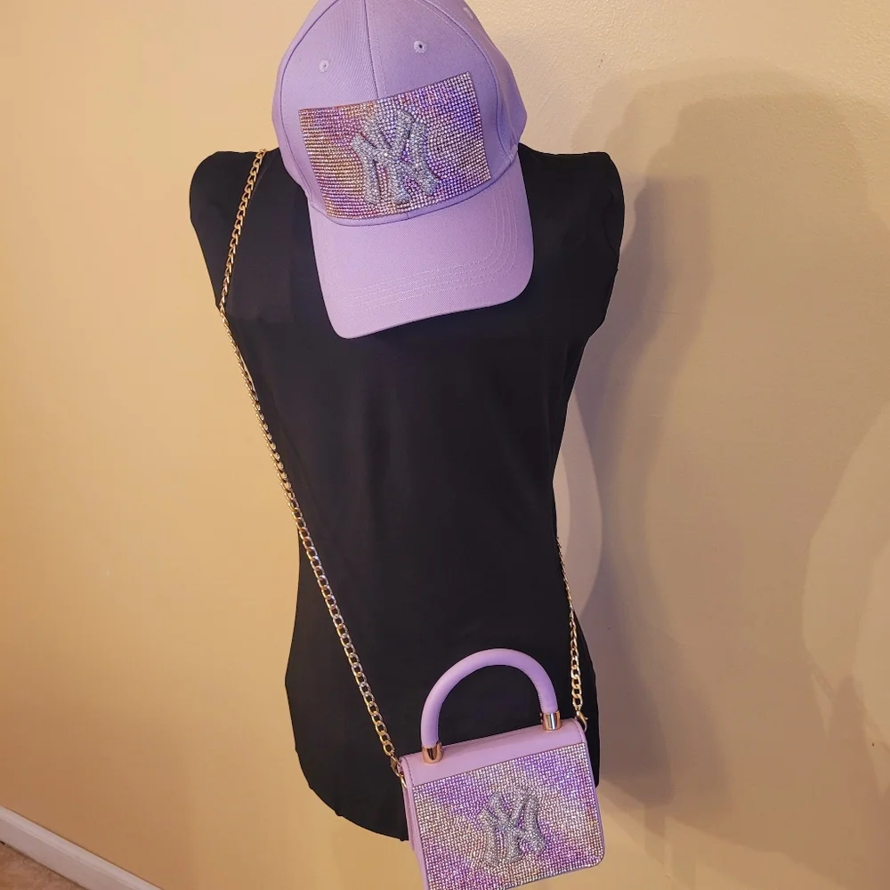 Lavender Rhinestone NY-Inspired Baseball Cap and Mini Bag Set - Picture 3 of 11